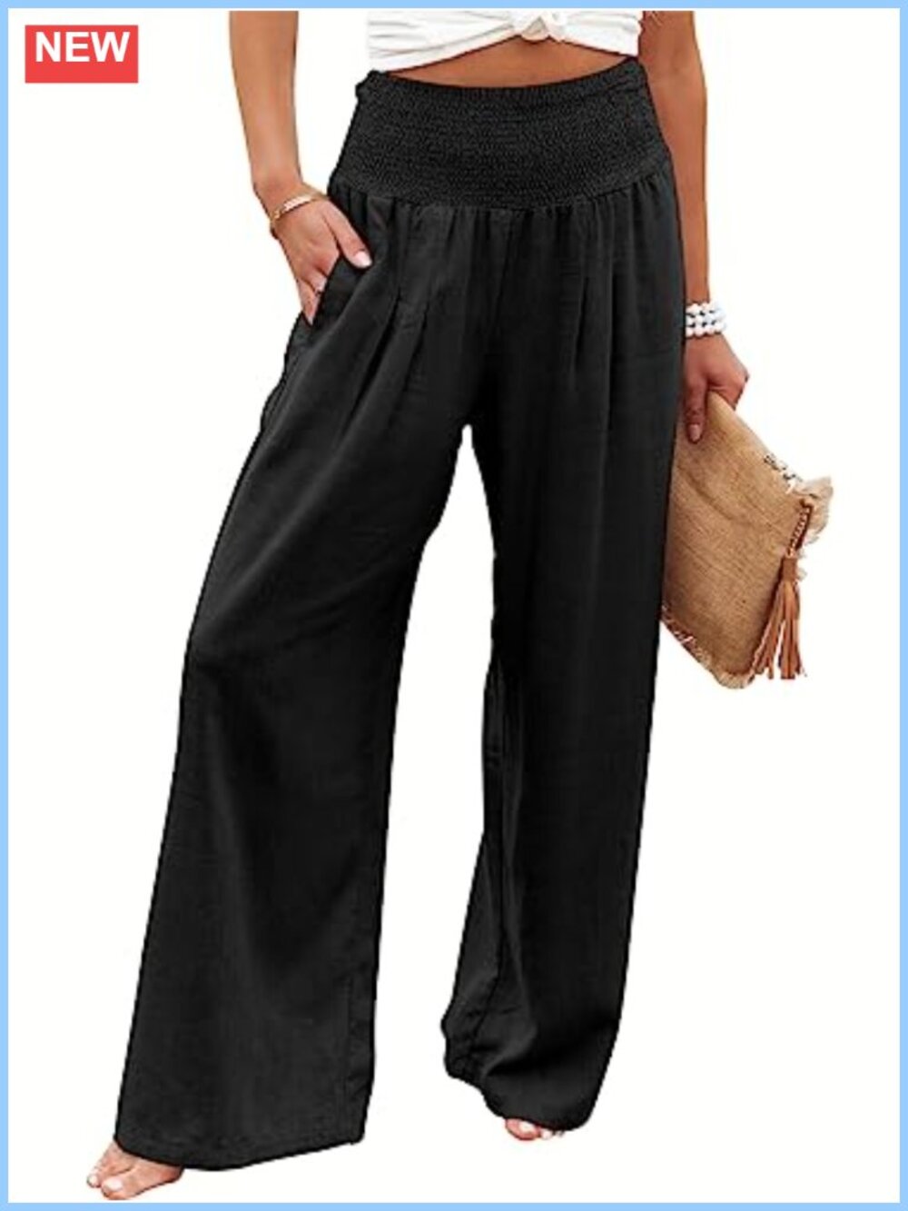 Wide Leg Palazzo Pants with Pockets Smocked Waist Loose Fit Lounge Rayon Linen
